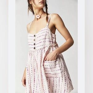 Free People Ocean Ave Pink & Ivory Linen Romper Size Small